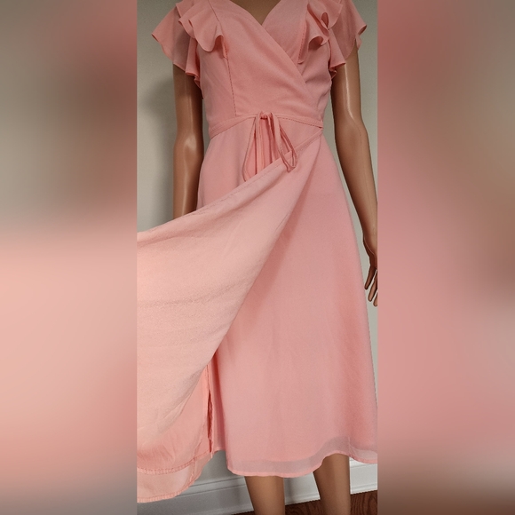 NEW LOOK SOFT PINK RUFFLES CRISS CROSS OPEN BACK WRAP STYLE MIDI DRESS US.6 NWOT - Picture 5 of 13